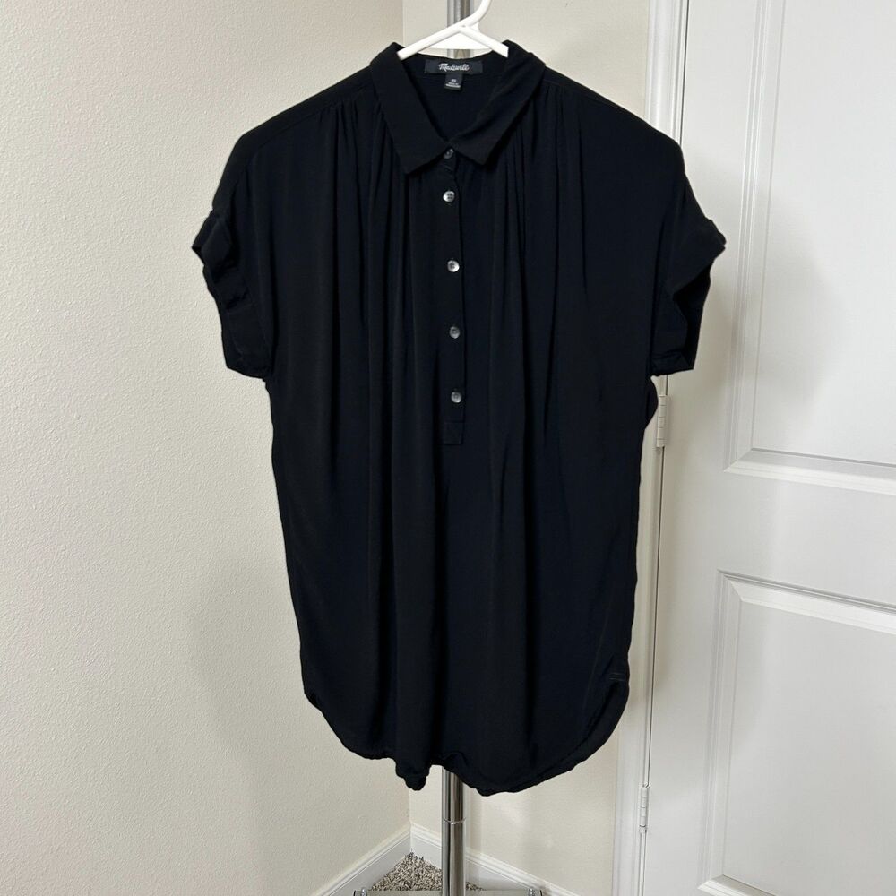 Madewell Central Drapey Popover Shirt Black Short Sleeve Blouse XS Oversized